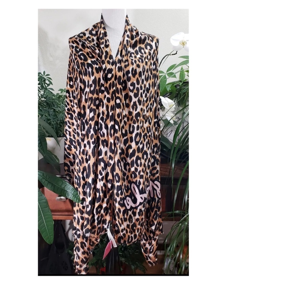 NEW KATE SPADE NY Scarf Logo Women Viscose Brown Leopard Animal Print Fringe 29” - Picture 3 of 7